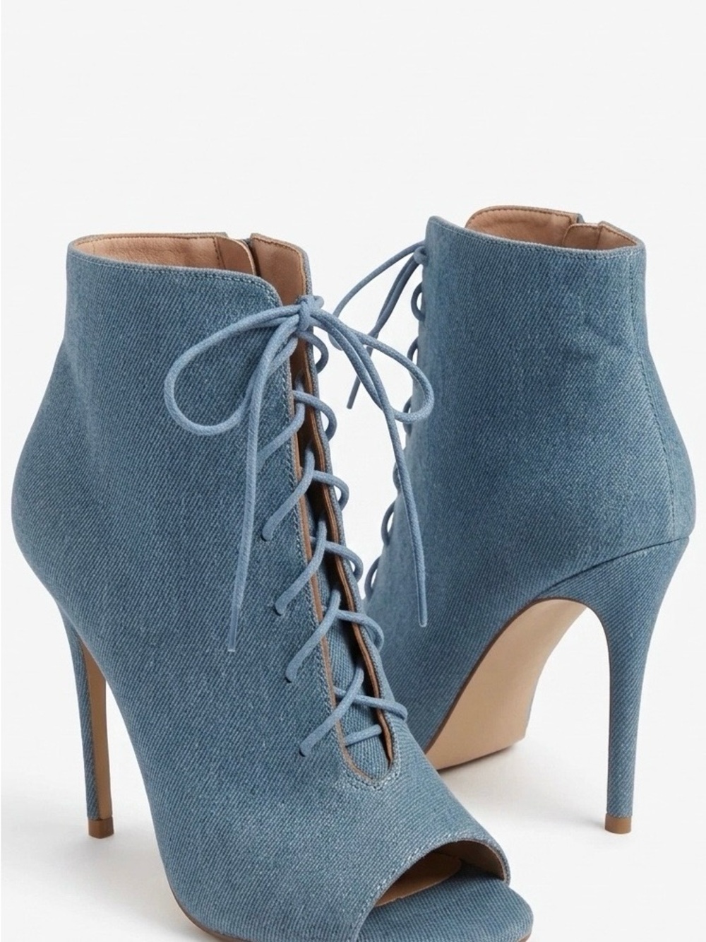 Steve Madden Gravity Denim Peep Toe Lace-Up Booties 7.5 Light Wash 4" Heel